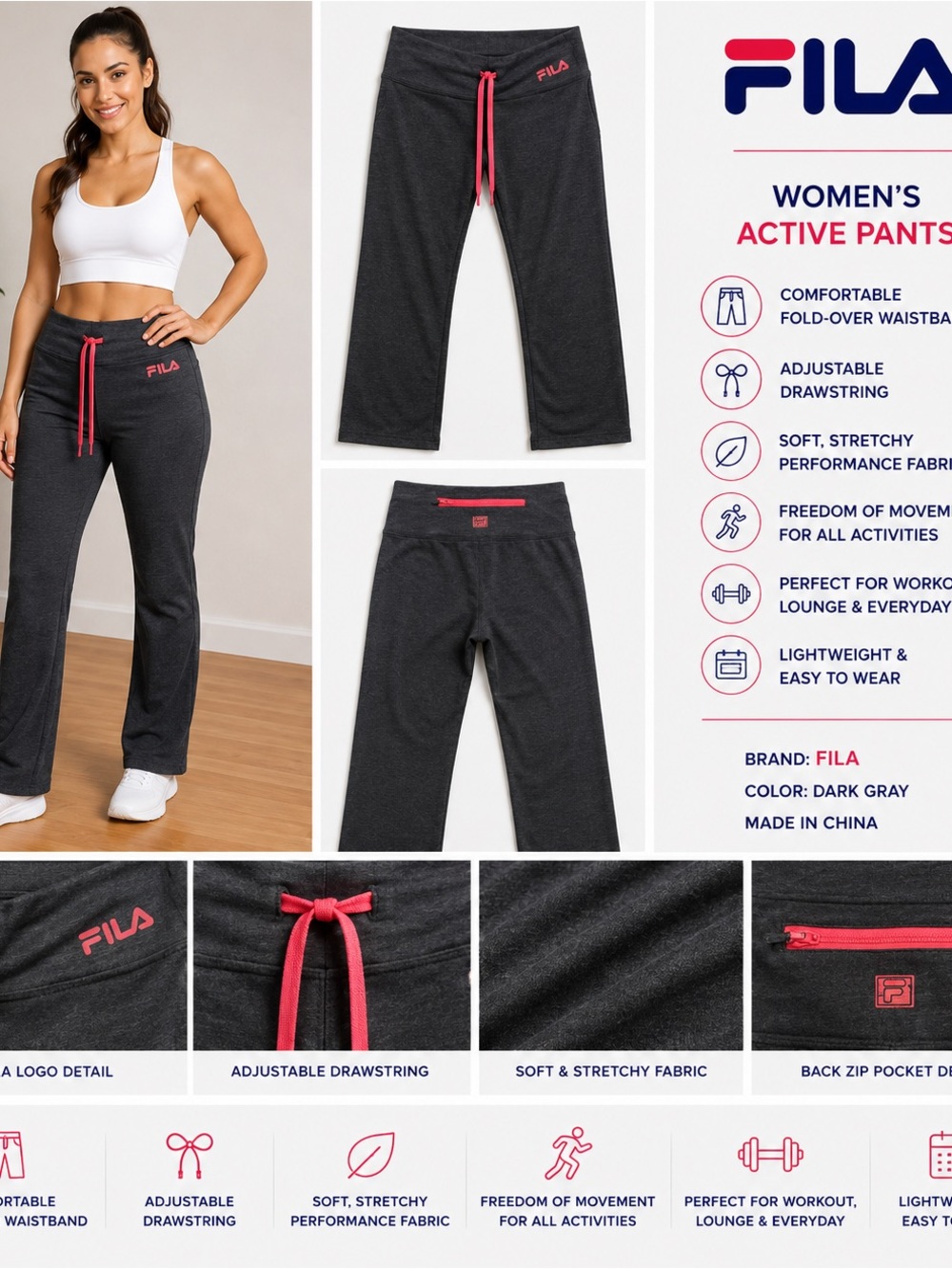 Fila Black Capri Workout Leggings with Pink Drawstring and Back Zip Pocket